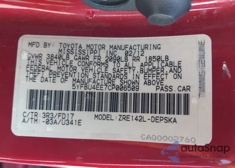 2012 Toyota Corolla S z USA, uszkodzony, nr VIN 5YFBU4EE7CP006509